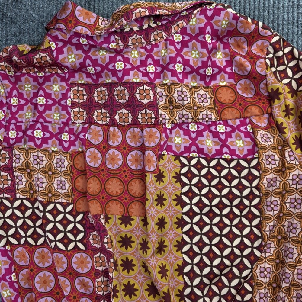 Anthropologie DREW Shirt Women M Pink Cropped Floral Boho Patchwork Artsy Retro - Picture 8 of 12